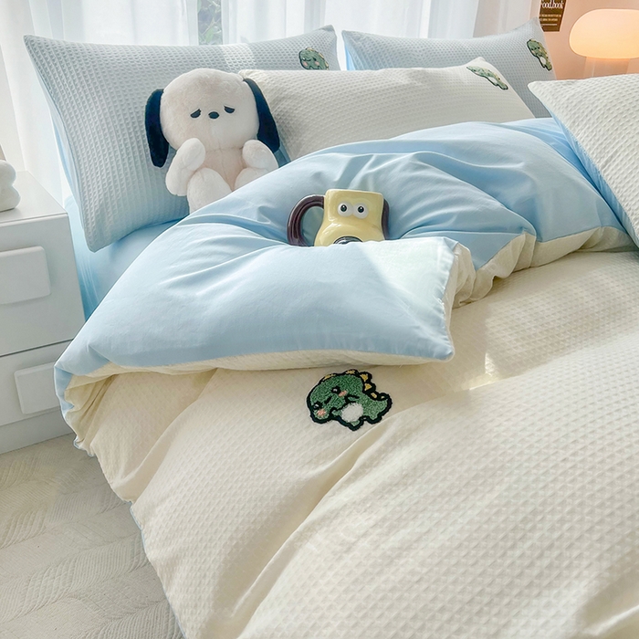 91家纺网 家纺一手货源 找家纺 慕尚 2025新款全棉华夫格毛巾绣四件套 恐龙之王白蓝