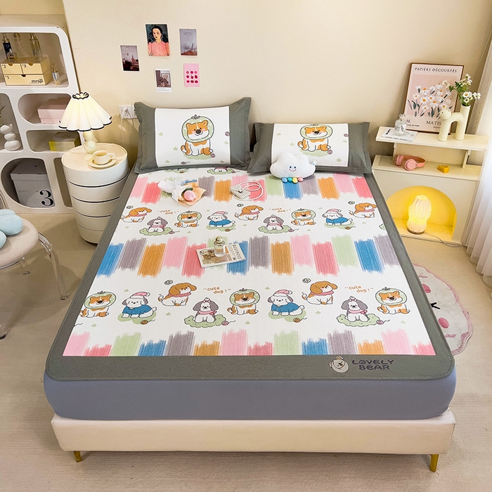 91家纺网 家纺一手货源 找家纺 全季家居 2024新款A类抗菌数码印花冰藤席三件套 床笠款-狗狗家族