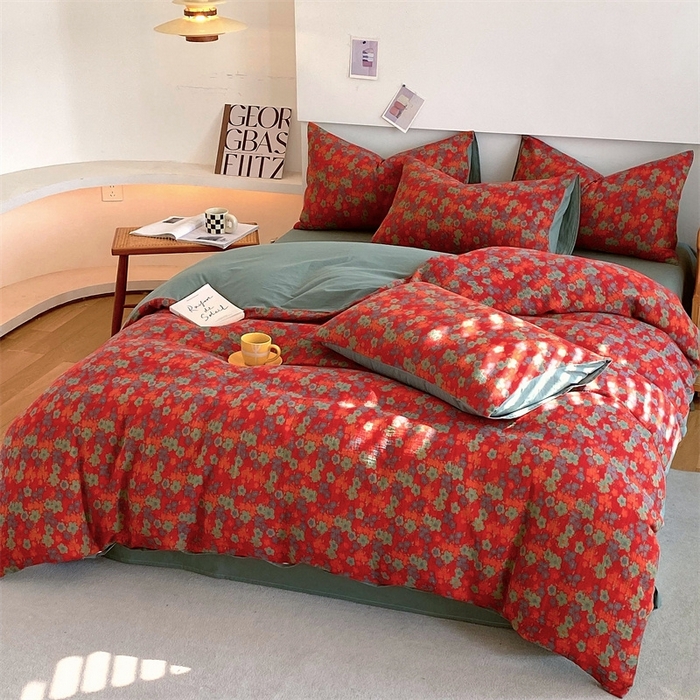 91家纺网 家纺一手货源 找家纺 2024新款全棉纯棉双层纱三层纱立体提花四件套 萨曼红