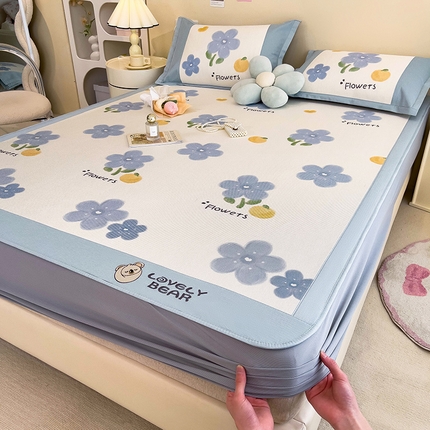 91家纺网 家纺一手货源 找家纺 全季家居 2024新款A类抗菌数码印花冰藤席三件套 床笠款-花朵