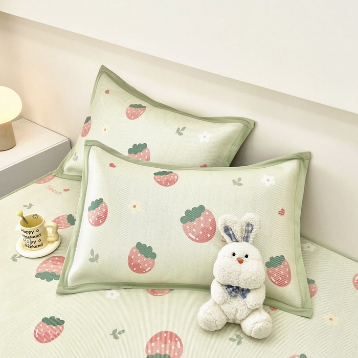 91家纺网 家纺一手货源 找家纺 全季家居 2024新款5A抗菌小清新数码印花冰藤席 床笠款-草莓