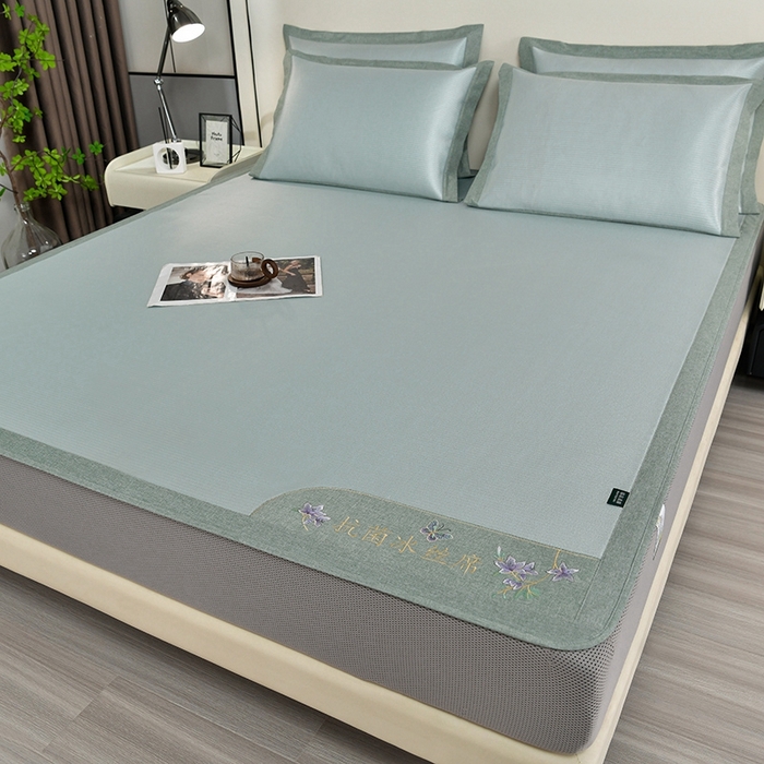 91家纺网 家纺一手货源 找家纺 简一 2024新款600D紫荆花开A类抗菌席 床笠款 浅绿