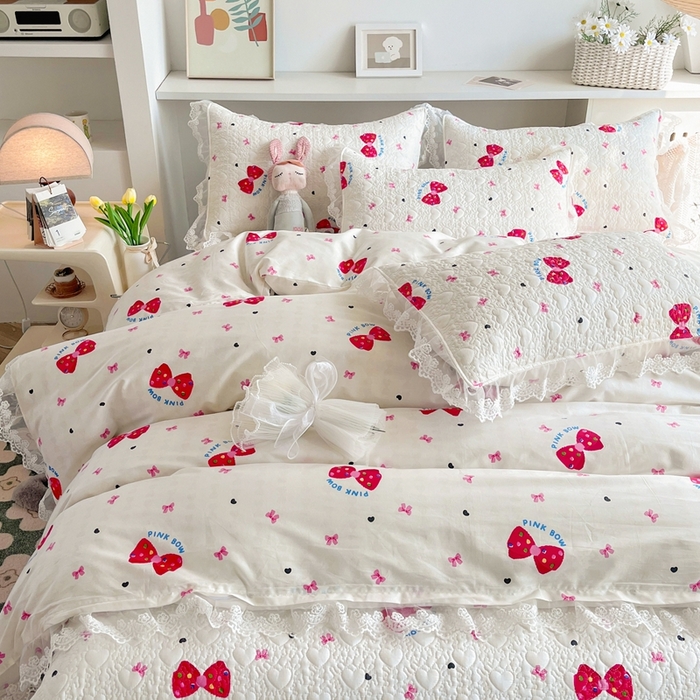 91家纺网 家纺一手货源 找家纺 添越 2024新款雪纺蕾丝款纯棉床盖四件套 蝴蝶结