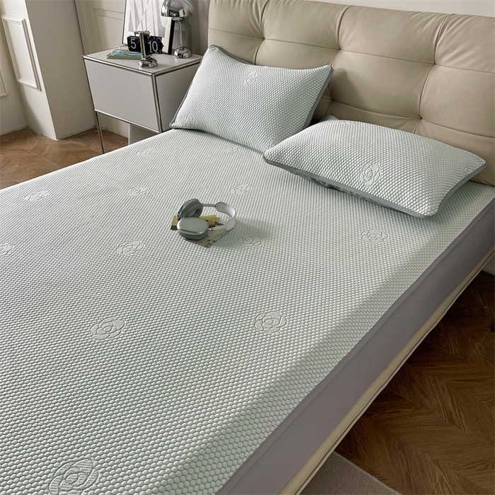 91家纺网 家纺一手货源 找家纺 2024新款抗菌凉豆豆提花床笠款凉席-花朵系列 花朵-冰豆绿