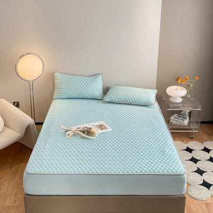 91家纺网 家纺一手货源 找家纺 欧邦 新款纯色A类凉感丝乳胶床笠三件套 湖蓝