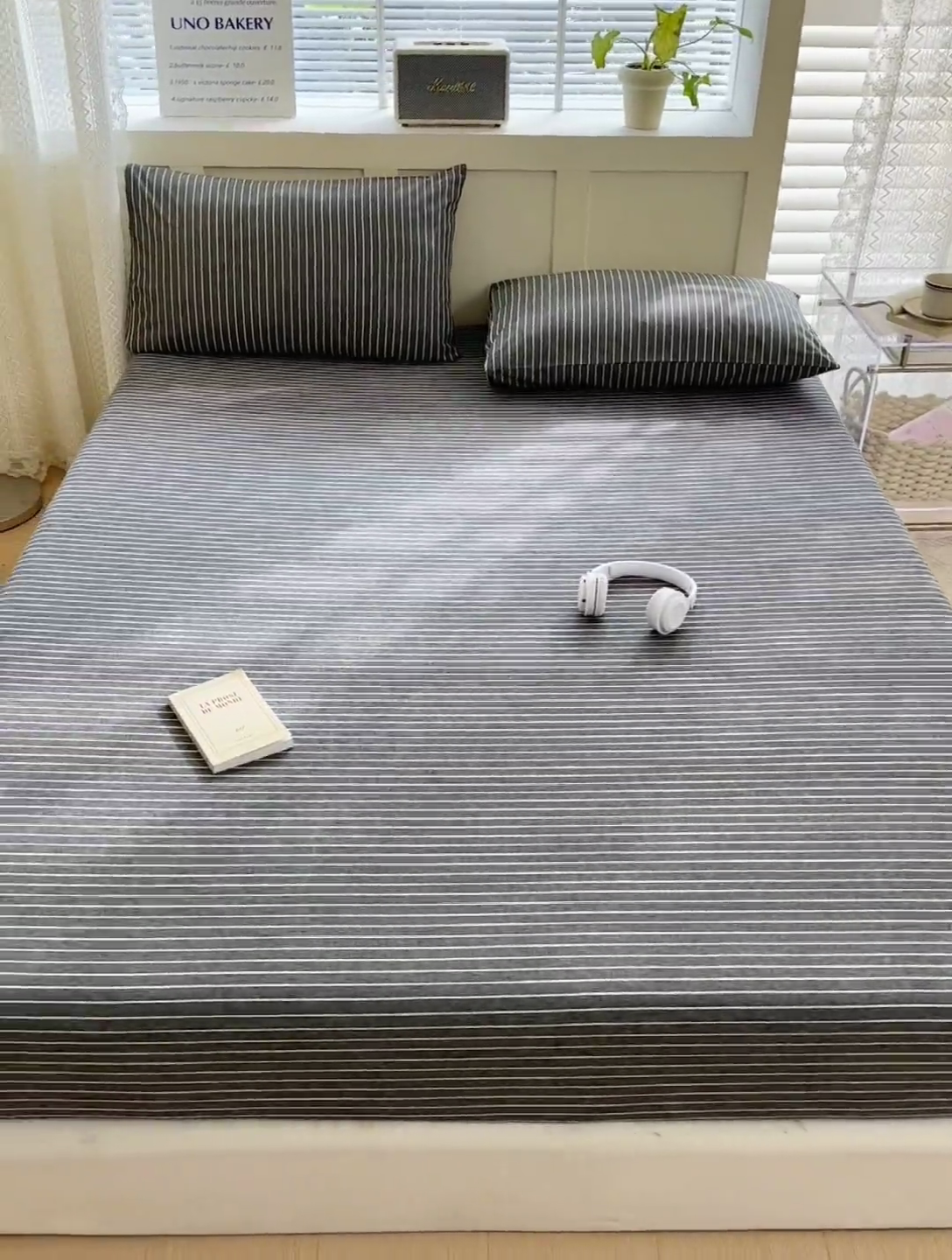 91家纺网 家纺一手货源 找家纺 北欧良品 2024新款水洗棉单品床笠、床单--格纹款（床笠、床单） 极简条灰