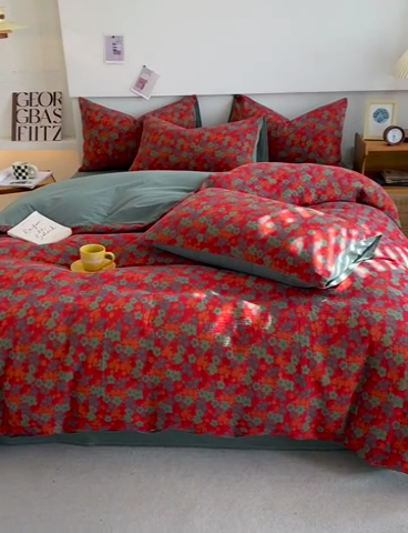 91家纺网 家纺一手货源 找家纺 2024新款全棉纯棉双层纱三层纱立体提花四件套 萨曼红