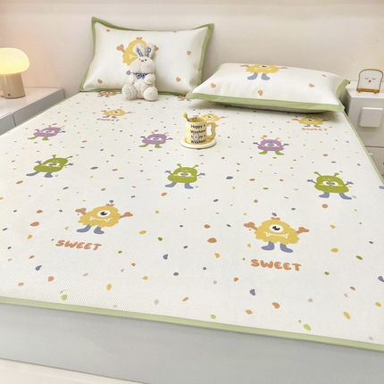 91家纺网 家纺一手货源 找家纺 全季家居 2024新款5A抗菌小清新数码印花冰藤席 床笠款-多巴胺