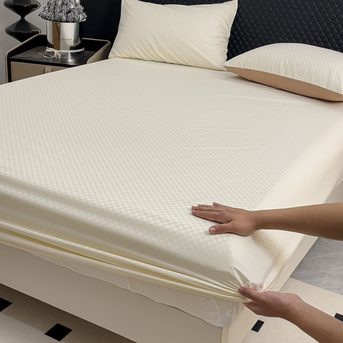 91家纺网 家纺一手货源 找家纺 金鑫汇 2024新款提花小方格全棉套件单品系列-单床笠 奶昔白+咖