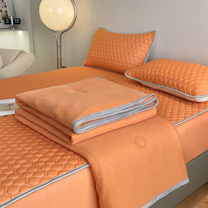 91家纺网 家纺一手货源 找家纺 欧邦 新款纯色A类凉感丝乳胶床笠三件套 南瓜色