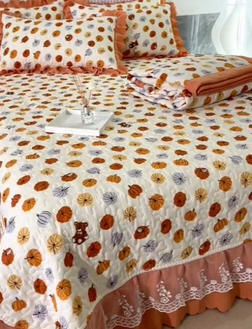 91家纺网 家纺一手货源 找家纺 梦柏家纺 2024新款亲肤泡泡棉夹棉床盖夏被四件套 小南瓜