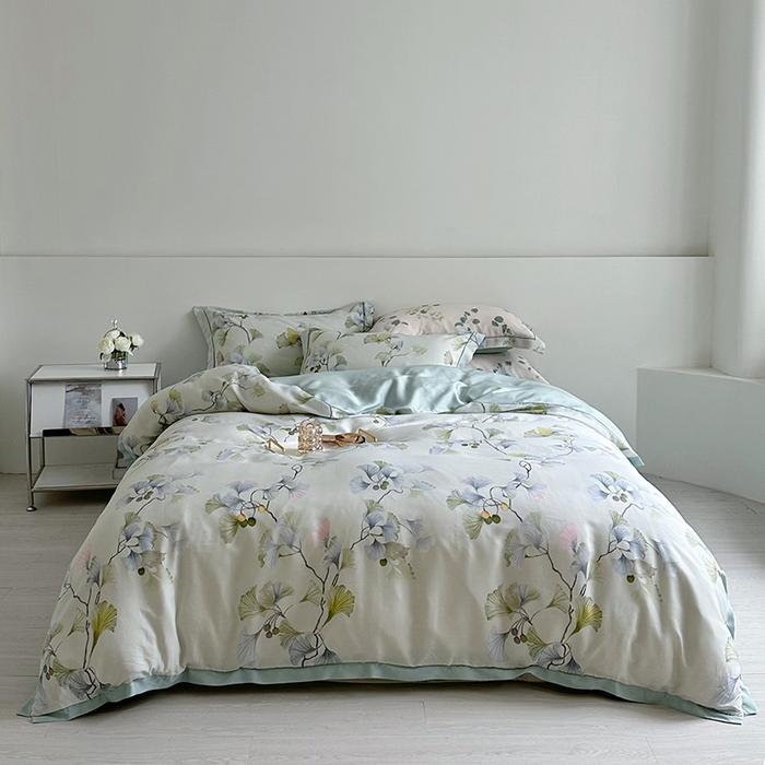 91家纺网 家纺一手货源 找家纺 氧家 2025新款莱赛尔天丝数码印花四件套宽边断角工艺（礼盒装）谷兰