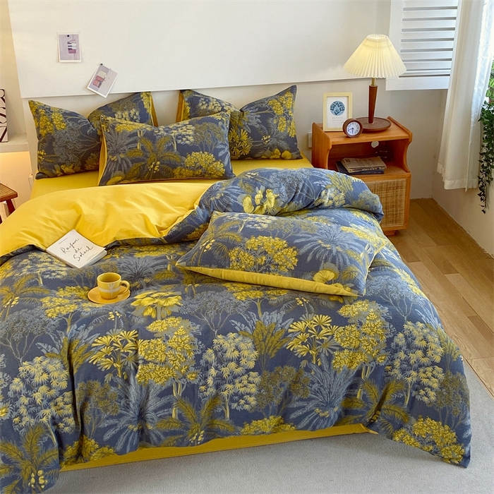 91家纺网 家纺一手货源 找家纺 2024新款全棉纯棉双层纱三层纱立体提花四件套 森林奇境