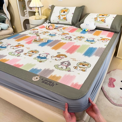 91家纺网 家纺一手货源 找家纺 全季家居 2024新款A类抗菌数码印花冰藤席三件套 床笠款-狗狗家族