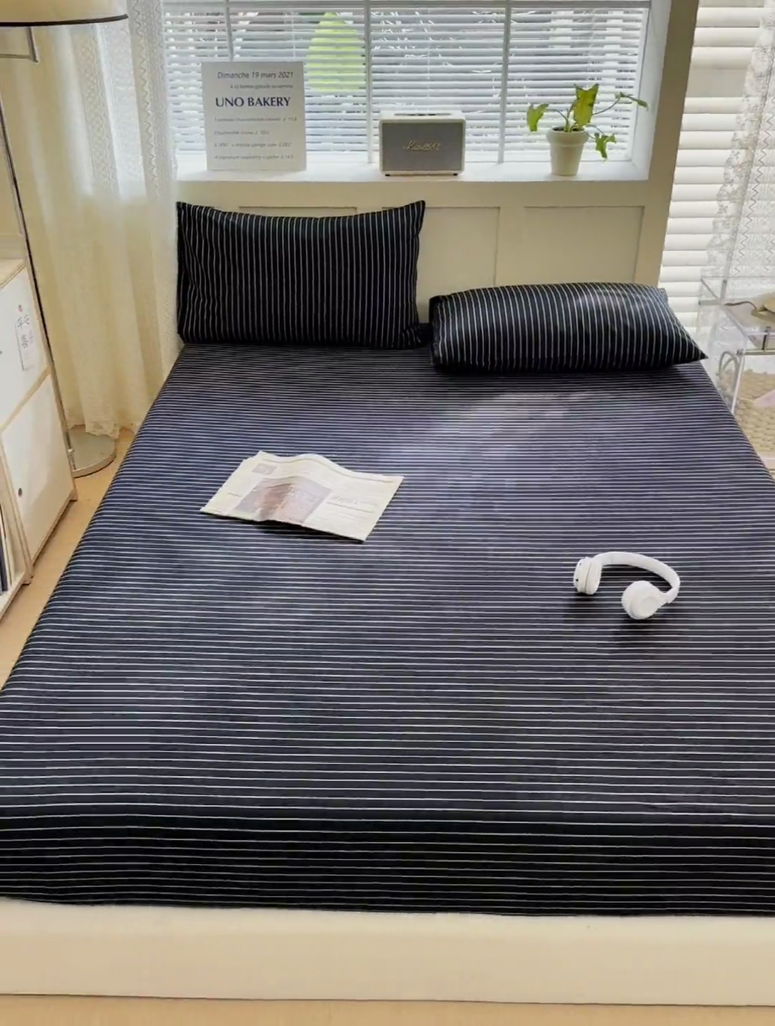 91家纺网 家纺一手货源 找家纺 北欧良品 2024新款水洗棉单品床笠、床单--格纹款（床笠、床单） 极简条黑