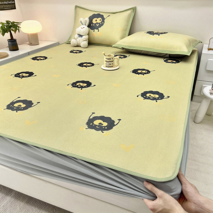 91家纺网 家纺一手货源 找家纺 全季家居 2024新款5A抗菌小清新数码印花冰藤席 床笠款-小煤球