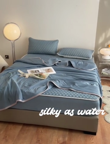 91家纺网 家纺一手货源 找家纺 欧邦 新款纯色A类凉感丝乳胶床笠三件套 藏蓝