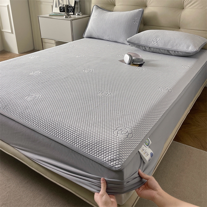 91家纺网 家纺一手货源 找家纺 2024新款抗菌凉豆豆提花床笠款凉席-花朵系列 花朵-星空蓝