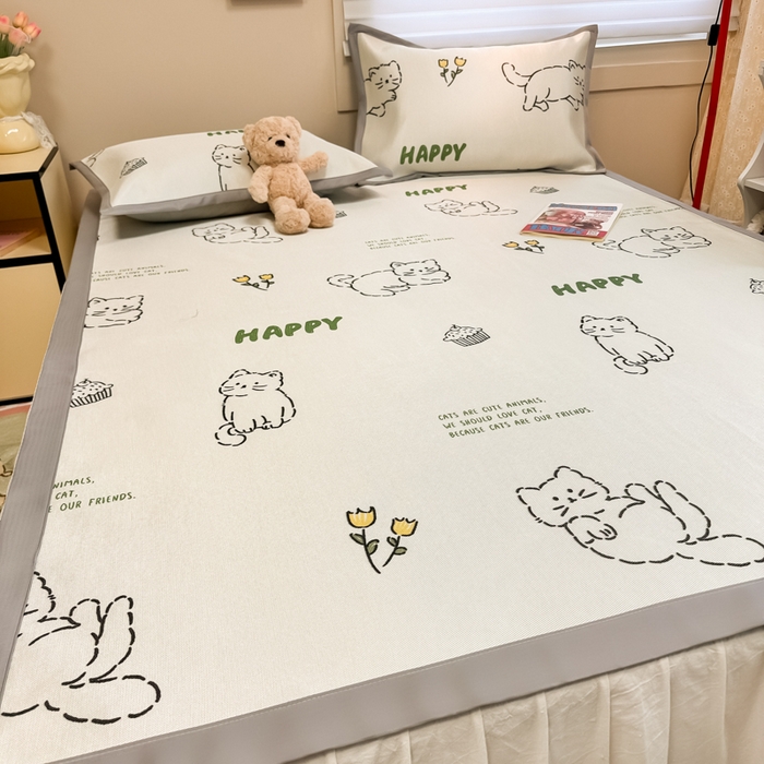 91家纺网 家纺一手货源 找家纺 2025新款慕尚600D数码印花冰丝凉席 慵懒猫