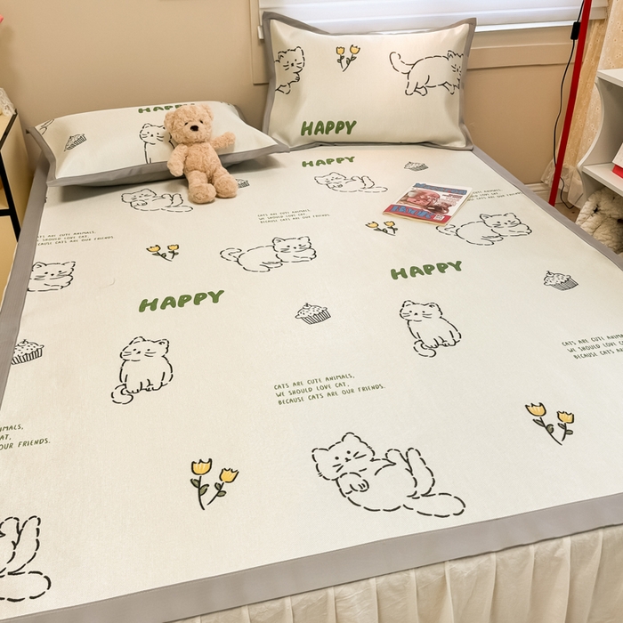 91家纺网 家纺一手货源 找家纺 2025新款慕尚600D数码印花冰丝凉席 慵懒猫