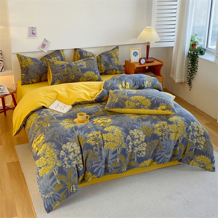 91家纺网 家纺一手货源 找家纺 2024新款全棉纯棉双层纱三层纱立体提花四件套 森林奇境