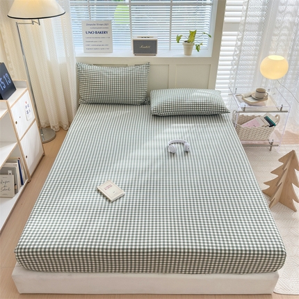 北欧良品 2024新款水洗棉单品床笠、床单--格纹款（床笠、床单） 草绿小格