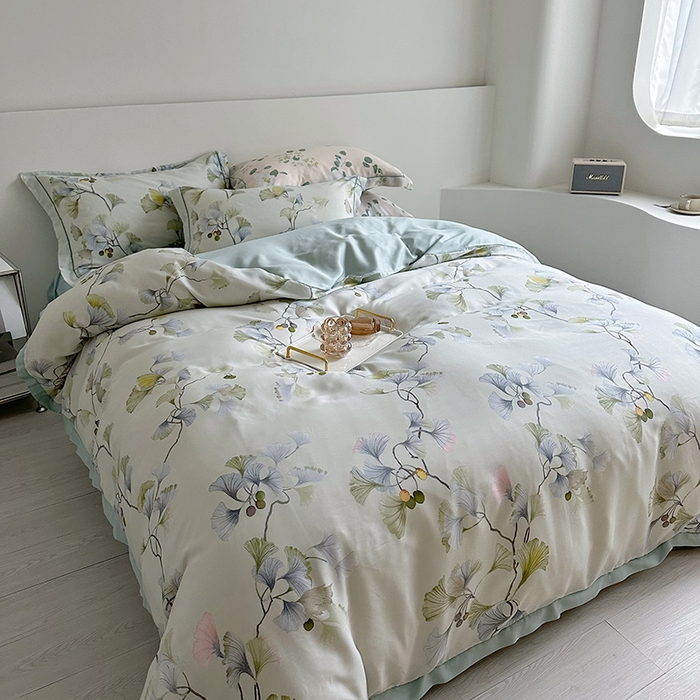 91家纺网 家纺一手货源 找家纺 氧家 2025新款莱赛尔天丝数码印花四件套宽边断角工艺（礼盒装）谷兰