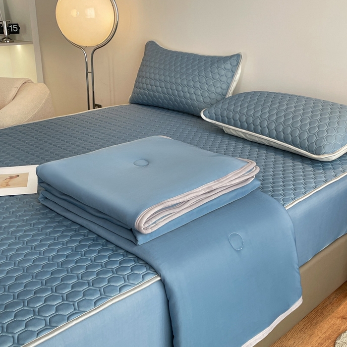 91家纺网 家纺一手货源 找家纺 欧邦 新款纯色A类凉感丝乳胶床笠三件套 藏蓝