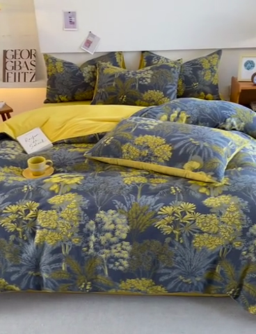 91家纺网 家纺一手货源 找家纺 2024新款全棉纯棉双层纱三层纱立体提花四件套 森林奇境