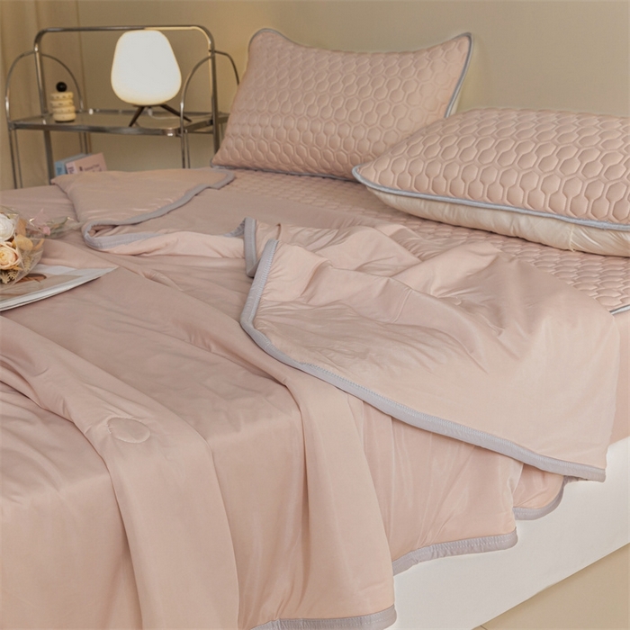 91家纺网 家纺一手货源 找家纺 欧邦 新款纯色A类凉感丝乳胶床笠三件套 苏梅粉