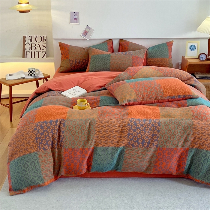 91家纺网 家纺一手货源 找家纺 2024新款全棉纯棉双层纱三层纱立体提花四件套 百福