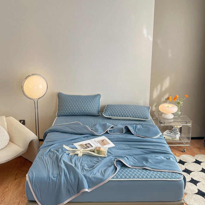 91家纺网 家纺一手货源 找家纺 欧邦 新款纯色A类凉感丝乳胶床笠三件套 藏蓝