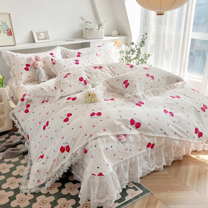 91家纺网 家纺一手货源 找家纺 添越 2024新款雪纺蕾丝款纯棉床盖四件套 蝴蝶结