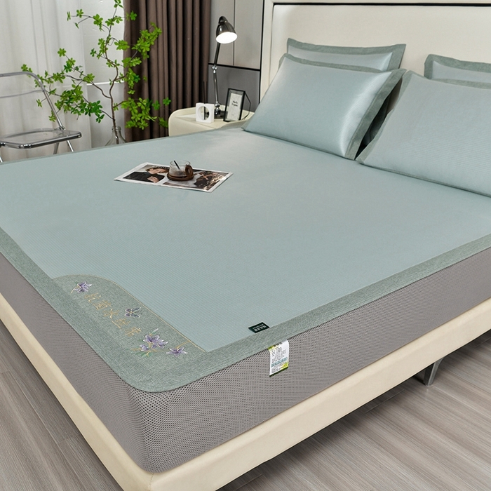 91家纺网 家纺一手货源 找家纺 简一 2024新款600D紫荆花开A类抗菌席 床笠款 浅绿