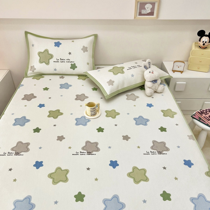 91家纺网 家纺一手货源 找家纺 全季家居 2024新款5A抗菌小清新数码印花冰藤席 床笠款-彩色星星