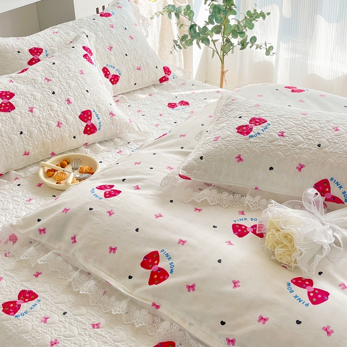 91家纺网 家纺一手货源 找家纺 添越 2024新款雪纺蕾丝款纯棉床盖四件套 蝴蝶结