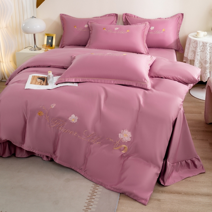 91家纺网 家纺一手货源 找家纺 银石-床裙款水洗真丝绣花四件套 紫豆沙