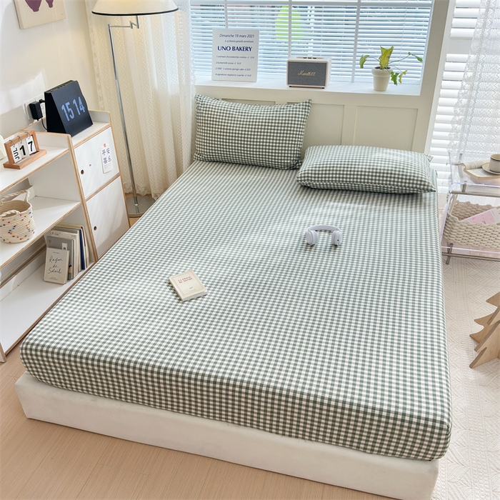 91家纺网 家纺一手货源 找家纺 北欧良品 2024新款水洗棉单品床笠、床单--格纹款（床笠、床单） 草绿小格