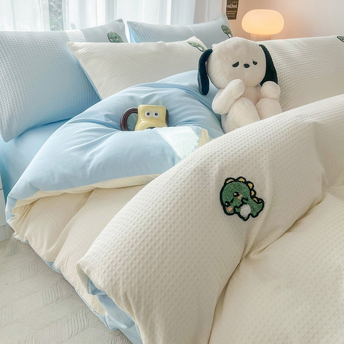 91家纺网 家纺一手货源 找家纺 慕尚 2025新款全棉华夫格毛巾绣四件套 恐龙之王白蓝