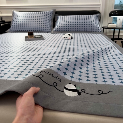 孩子王家纺 2024新款简格刺绣熊猫款系列冰丝凉席 圆梦-蓝