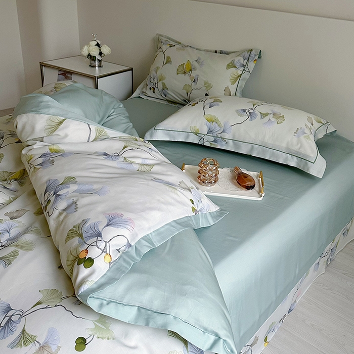 91家纺网 家纺一手货源 找家纺 氧家 2025新款莱赛尔天丝数码印花四件套宽边断角工艺（礼盒装）谷兰