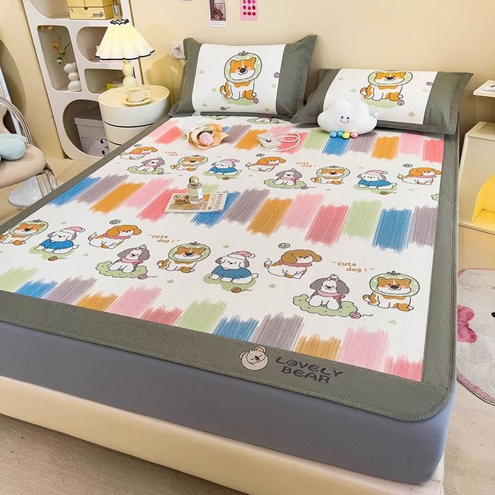 91家纺网 家纺一手货源 找家纺 全季家居 2024新款A类抗菌数码印花冰藤席三件套 床笠款-狗狗家族