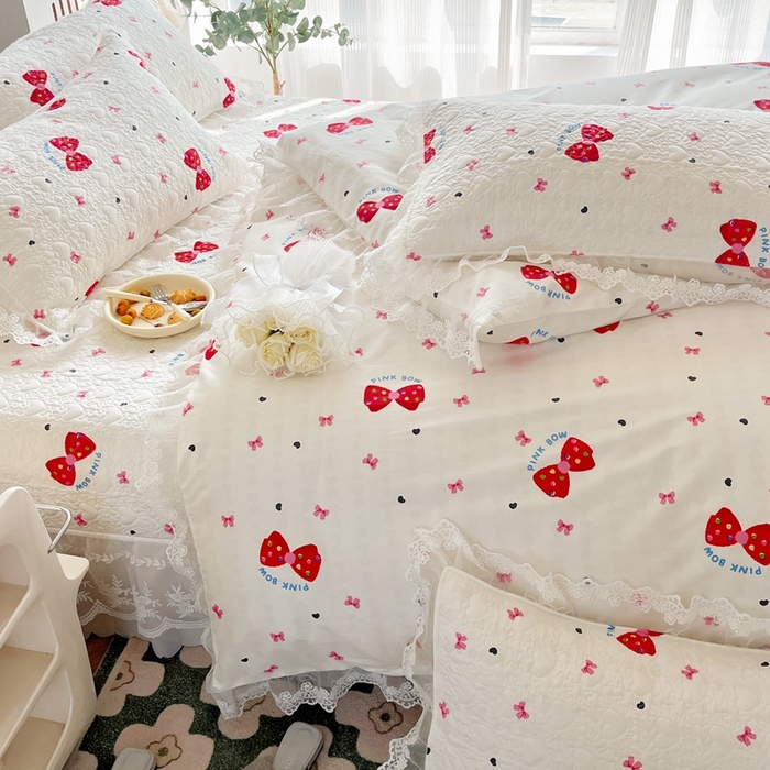 91家纺网 家纺一手货源 找家纺 添越 2024新款雪纺蕾丝款纯棉床盖四件套 蝴蝶结