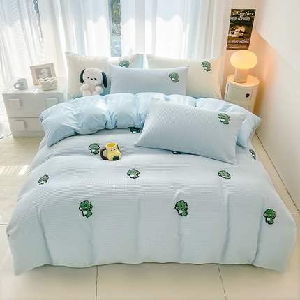 慕尚 2025新款全棉华夫格毛巾绣四件套 恐龙之王蓝