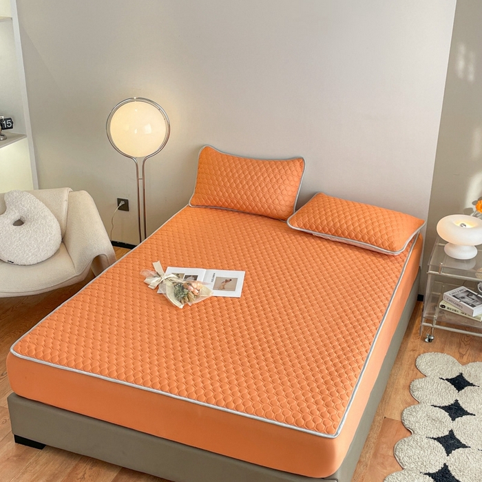 91家纺网 家纺一手货源 找家纺 欧邦 新款纯色A类凉感丝乳胶床笠三件套 南瓜色