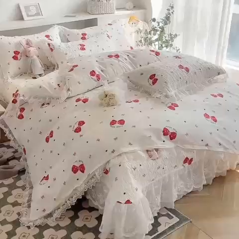 91家纺网 家纺一手货源 找家纺 添越 2024新款雪纺蕾丝款纯棉床盖四件套 蝴蝶结