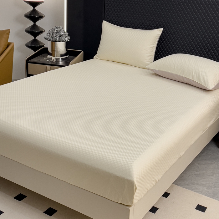 91家纺网 家纺一手货源 找家纺 金鑫汇 2024新款提花小方格全棉套件单品系列-单床笠 奶昔白-淡紫