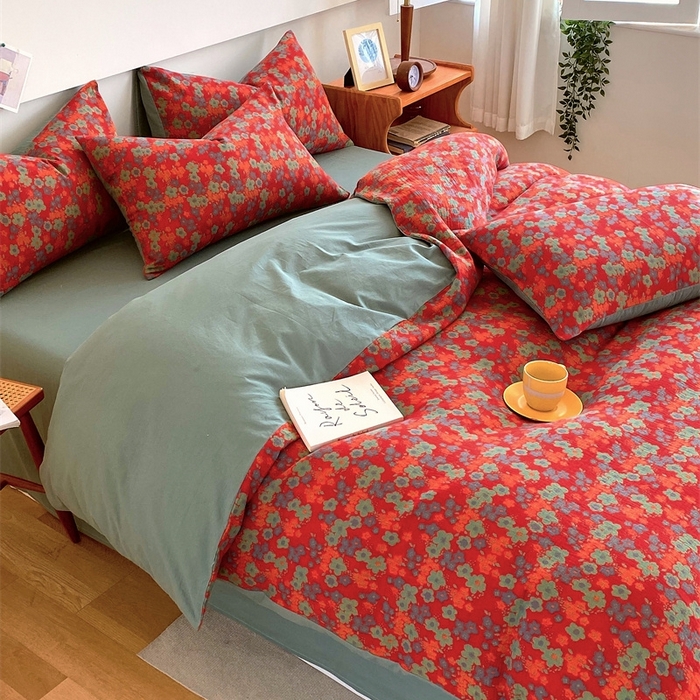 91家纺网 家纺一手货源 找家纺 2024新款全棉纯棉双层纱三层纱立体提花四件套 萨曼红