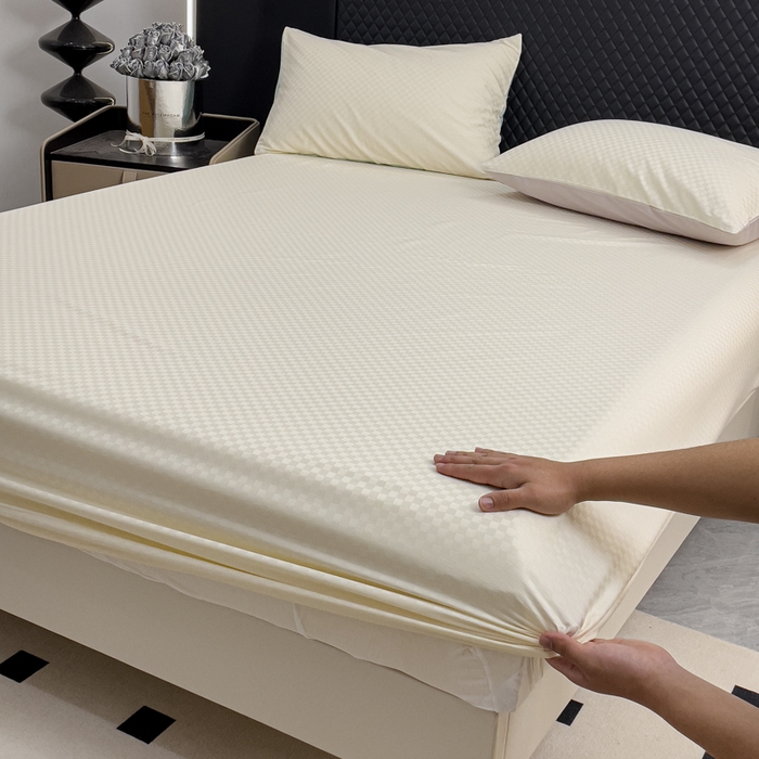 91家纺网 家纺一手货源 找家纺 金鑫汇 2024新款提花小方格全棉套件单品系列-单床笠 奶昔白-淡紫