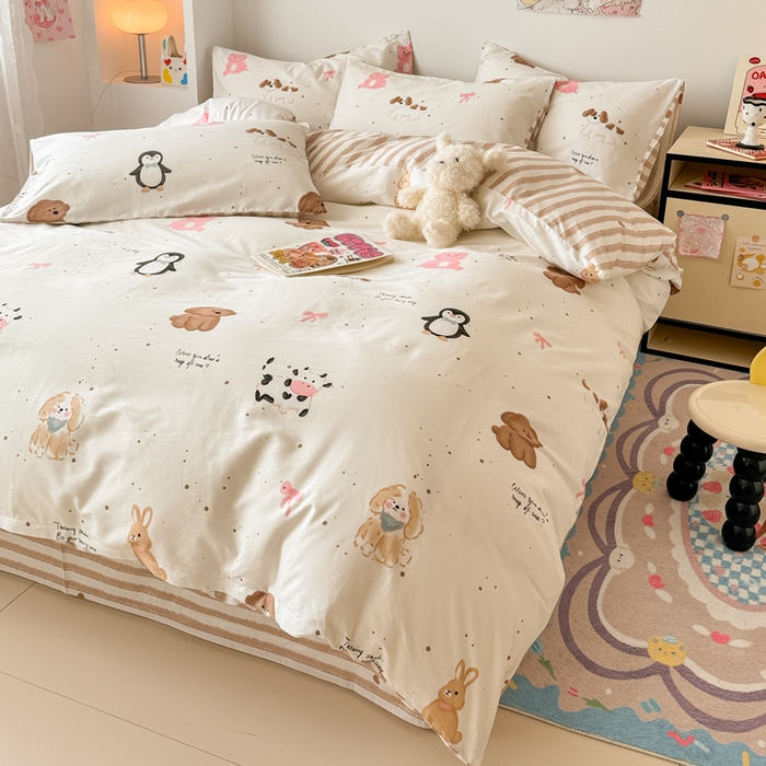 91家纺网 家纺一手货源 找家纺 慕尚 2025新款13070全棉小清新四件套 动物乐园